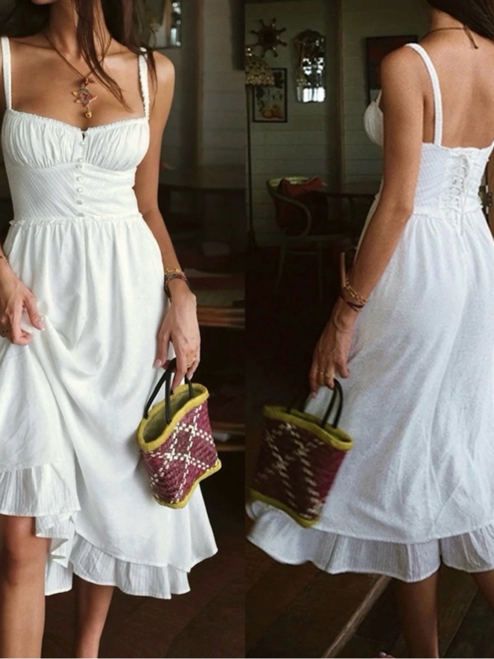 Commense White Midi Dress with Ruffle Hem Cami Medium